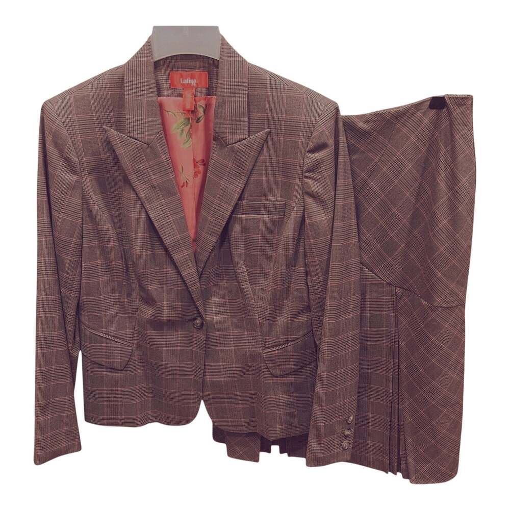 Latina Life Skirt Suit Brown Pink Glen Plaid Kick Pleats Career Size 12/14